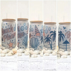 Beach please frosted glass cup includes lid and plastic straw‎